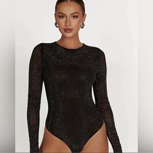 Meshki Black Mesh Rhinestone Sparkle Bodysuit